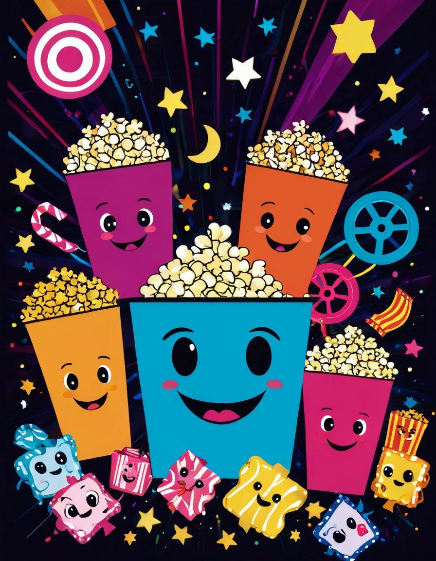 A playful and whimsical depiction of adult film elements, featuring a colorful film reel intertwined with vibrant neon lights and cheeky cartoon characters enjoying a cinema experience. The scene captures a sense of fun and laughter, with popcorn flying in the air and playful silhouettes in the background. Add elements of allure, like playful shadows and sparkles, to emphasize the naughty theme. The overall vibe should be lighthearted and cheeky. vibrant colors. vector art. whimsical style.