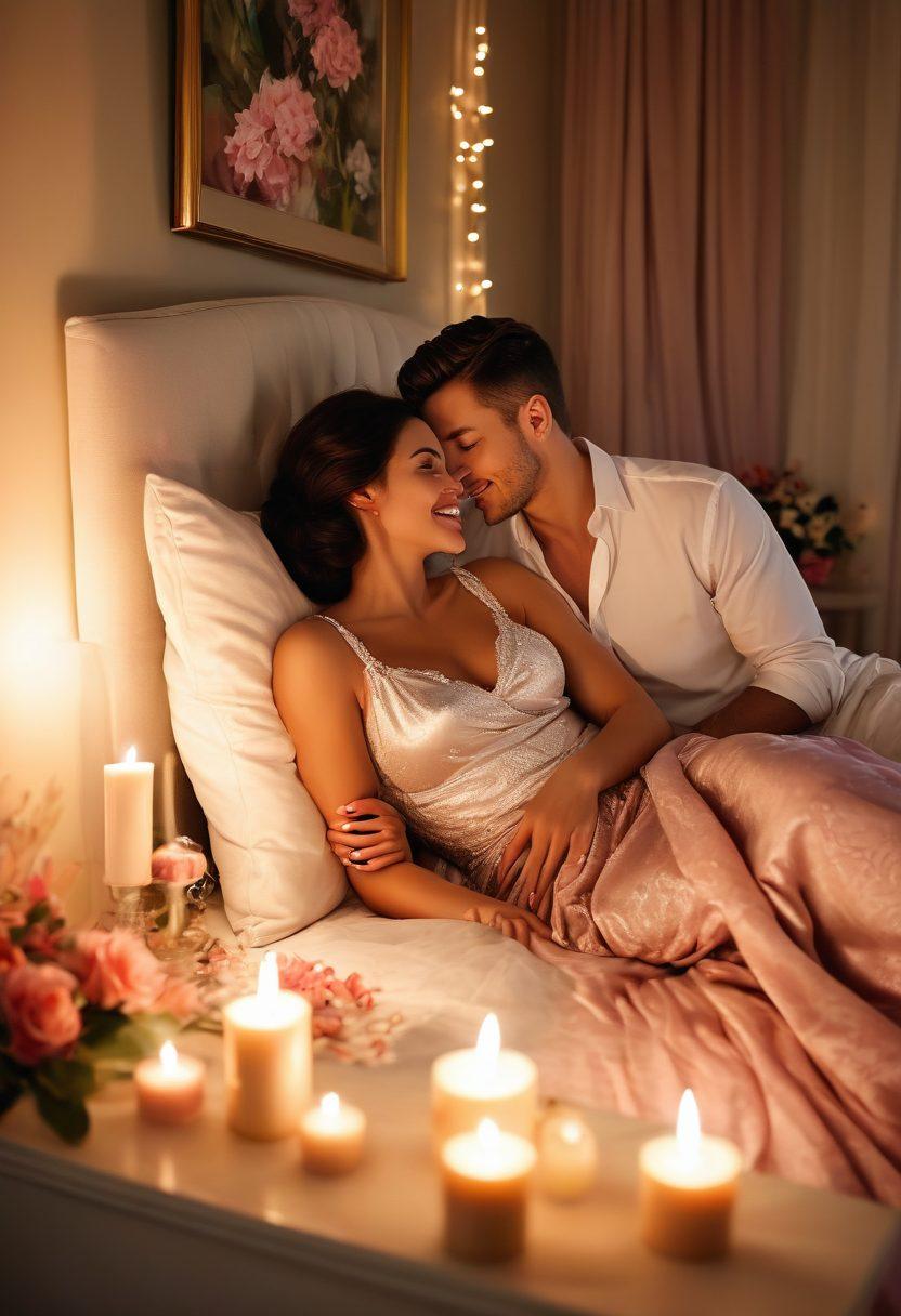 A cozy, elegantly decorated room with soft lighting, featuring an inviting bed draped in plush fabrics and surrounded by candles. In the foreground, a couple sharing a laugh, engaged in a playful and intimate moment. Elements of artful adult entertainment, like tasteful games and vibrant flowers, enhance the warmth and joy of the scene. The atmosphere should convey love, connection, and exploration. soft-focus, romantic, pastel colors, painting.
