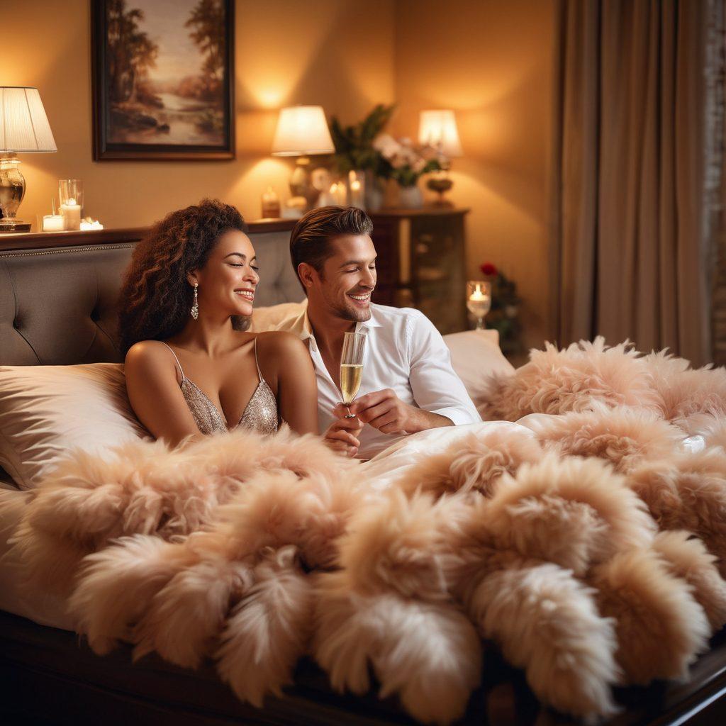 A cozy, inviting bedroom setting featuring soft, dim lighting with plush pillows and silk sheets. In the foreground, a playful couple is engaged in laughter, surrounded by sensual items like feathered boas, scented candles, and champagne glasses. The ambiance is suggestive yet tasteful, emphasizing intimacy and connection. Include elements of adventure, such as maps or travel postcards subtly in the background. super-realistic. warm tones. soft focus.